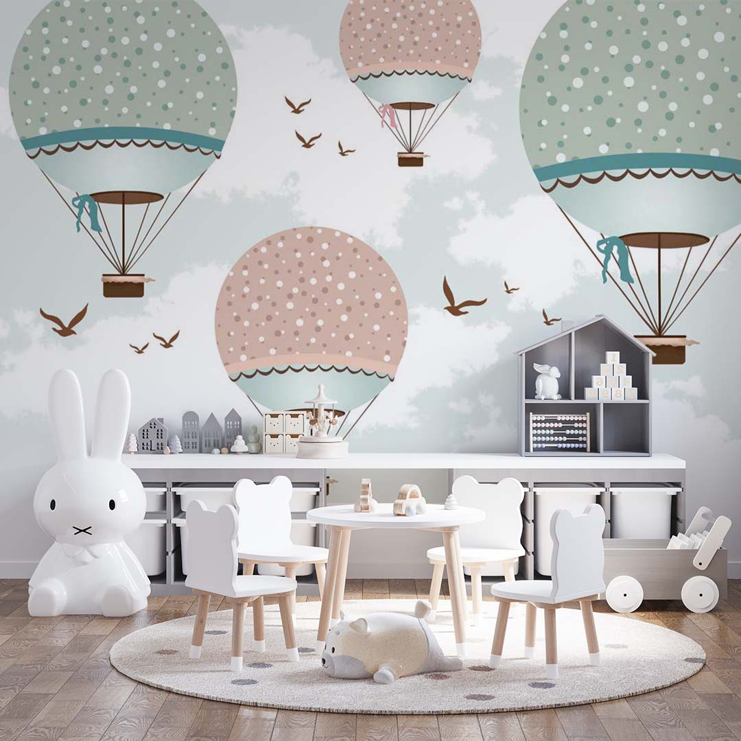 Custom Kids Wall Murals Large Hot Air Balloons Dots Clouds Aircrafts Wallpaper for Kids