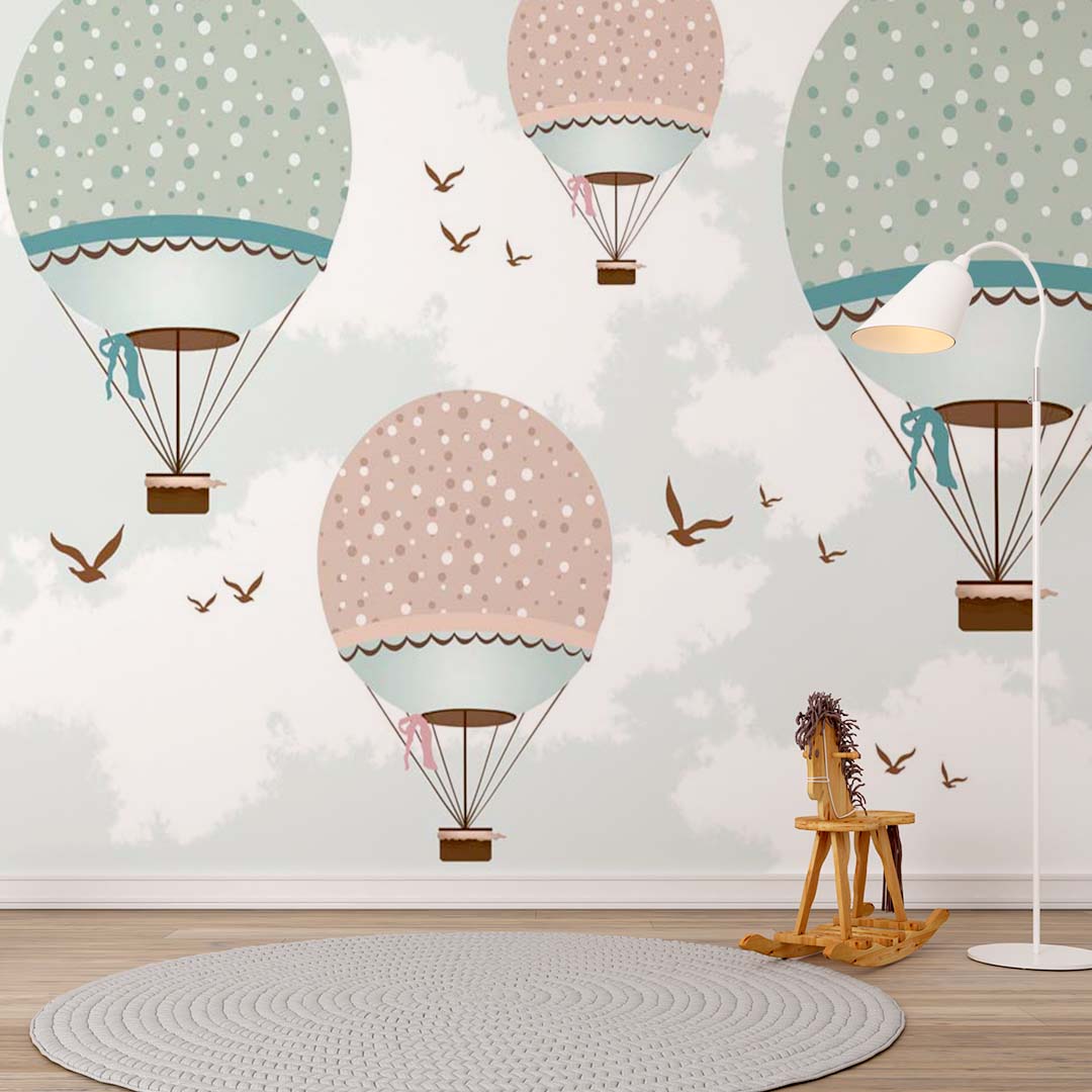 Custom Kids Wall Murals Large Hot Air Balloons Dots Clouds Aircrafts Wallpaper for Kids