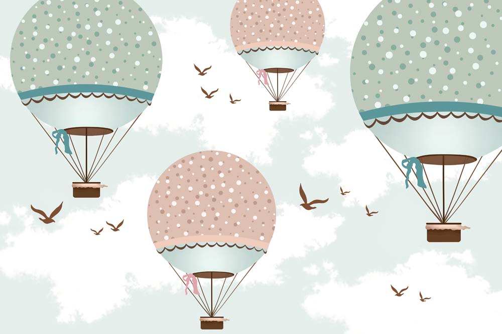 Custom Kids Wall Murals Large Hot Air Balloons Dots Clouds Aircrafts Wallpaper for Kids