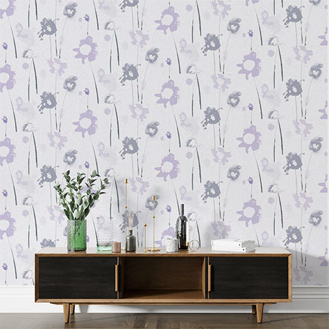 Purple and Gray Floral Watercolor Wallpaper for Walls