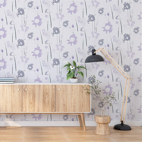 Purple and Gray Floral Watercolor Wallpaper for Walls