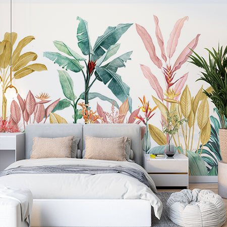 Custom Gold Banana Leaves Colorful Tropical Wallpaper Botanical Palm Tree Wall Mural