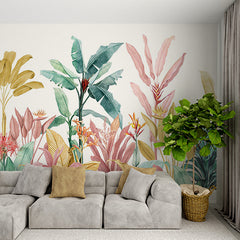 Custom Gold Banana Leaves Colorful Tropical Wallpaper Botanical Palm Tree Wall Mural