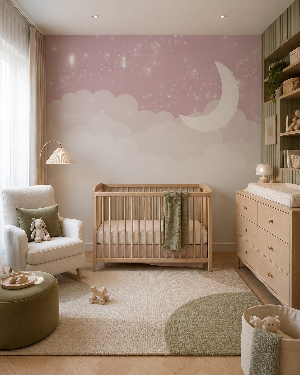 Pink moon, clouds & twinkling stars nursery wall mural in a modern nursery with a crib.