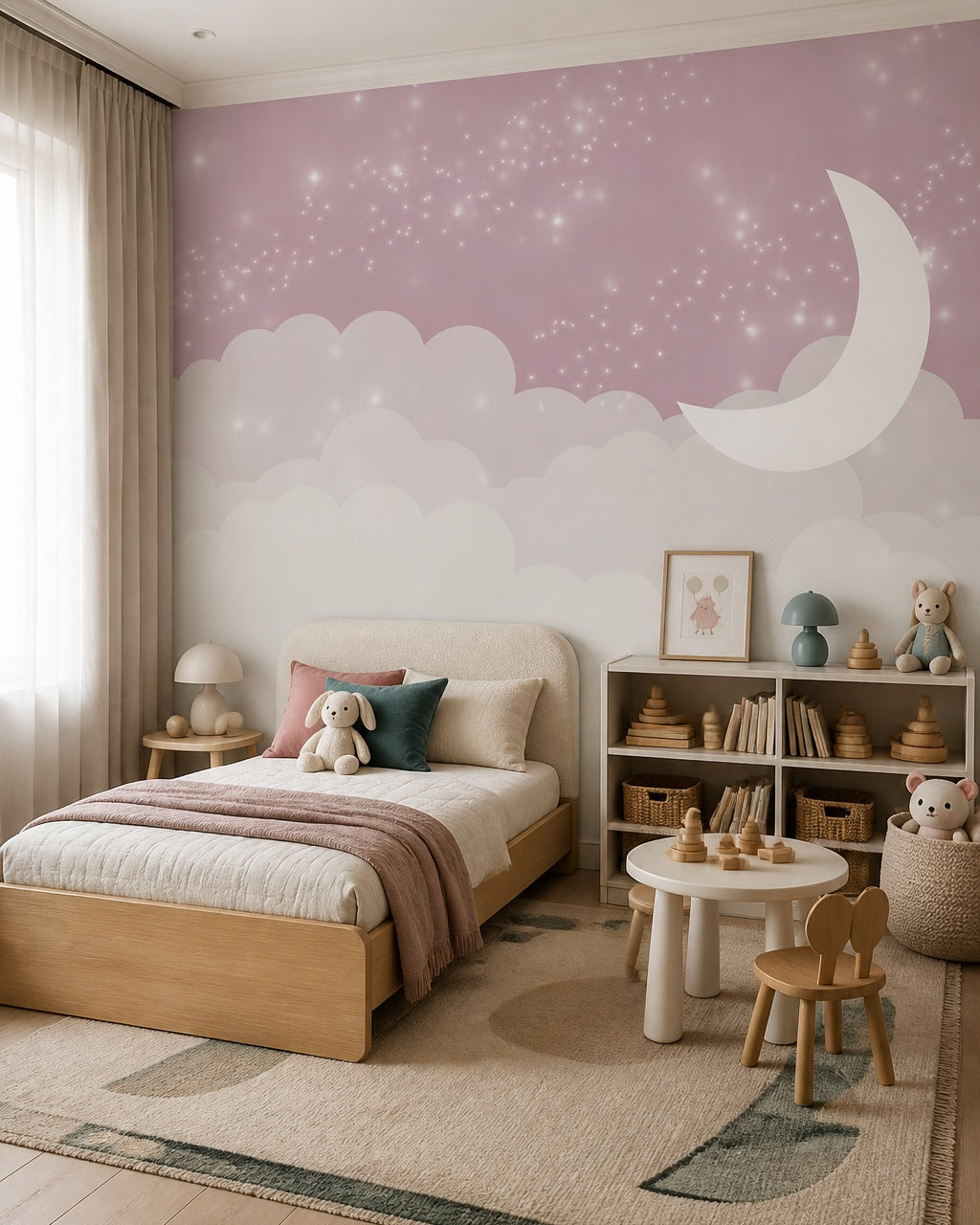 Pink moon, clouds & twinkling stars nursery wall mural in a toddler bedroom with a child-sized bed.