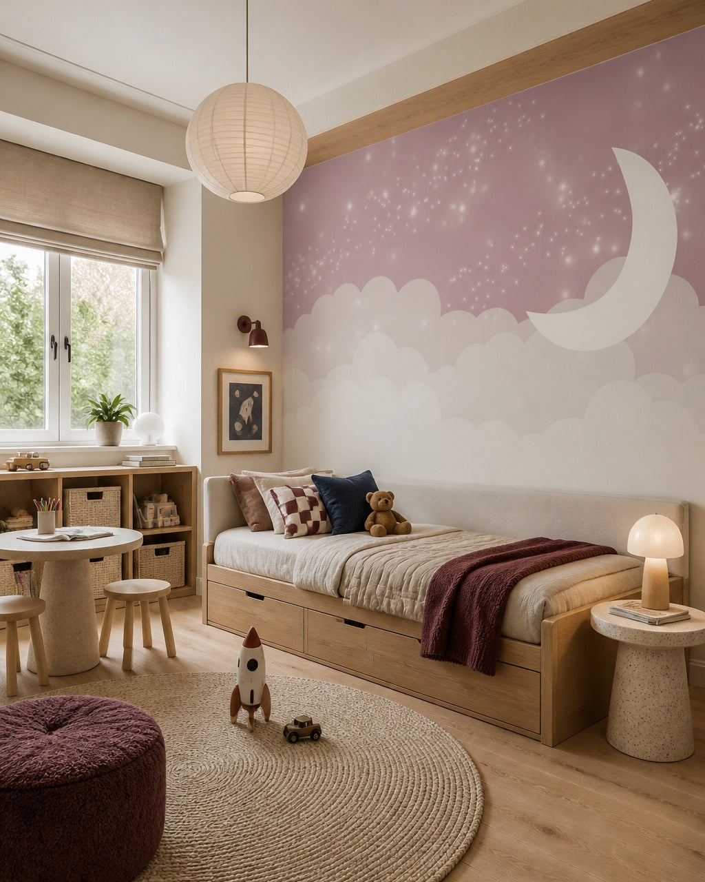 Pink moon, clouds & twinkling stars nursery wall mural in a boy’s bedroom.