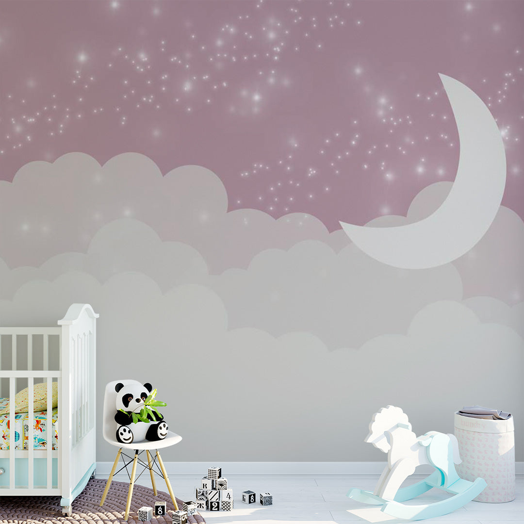 Kids Wall Murals Pink Sky White Clouds Stars Moon Wallpaper for Kids