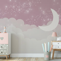 Custom Kids Wall Murals Pink Sky White Clouds Stars Moon Wallpaper for Kids