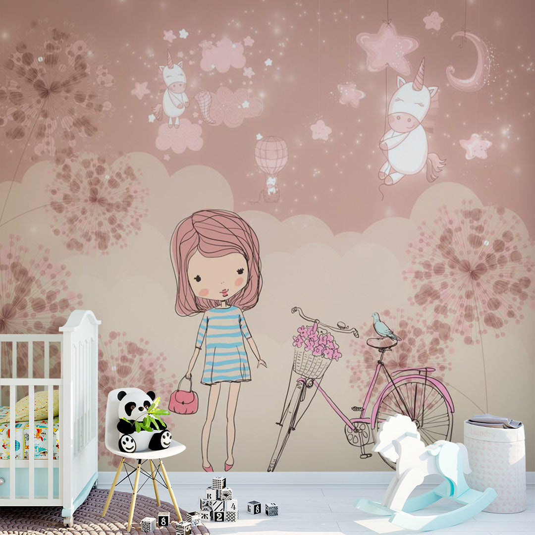 Kids Wall Mural Pink Dandelion Stars Cute Unicorns Wallpaper for Girl