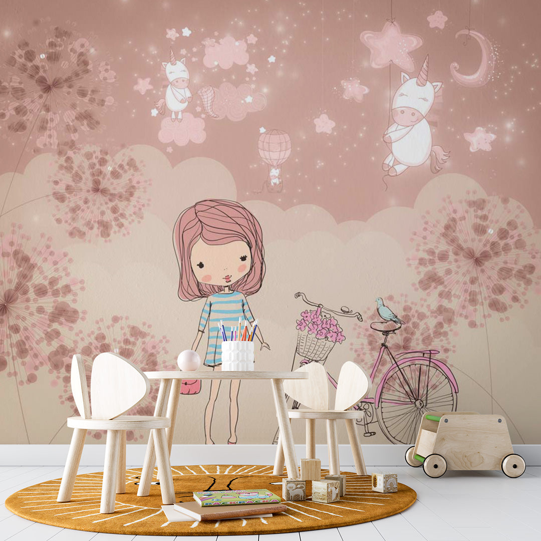 Kids Wall Mural Pink Dandelion Stars Cute Unicorns Wallpaper for Girl