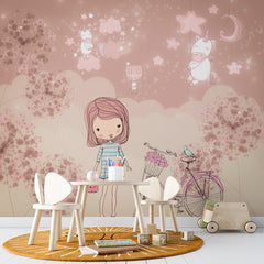 Custom Kids Wall Mural Pink Dandelion Stars Cute Unicorns Wallpaper for Girl