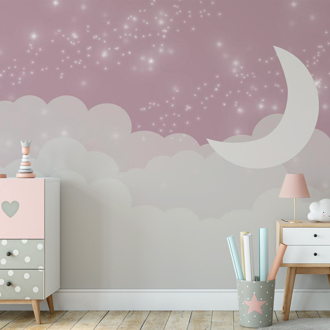 Kids Wall Murals Pink Sky White Clouds Stars Moon Wallpaper for Kids