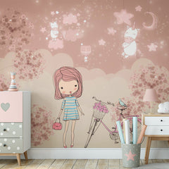 Custom Kids Wall Mural Pink Dandelion Stars Cute Unicorns Wallpaper for Girl