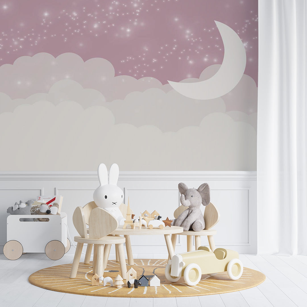 Kids Wall Murals Pink Sky White Clouds Stars Moon Wallpaper for Kids