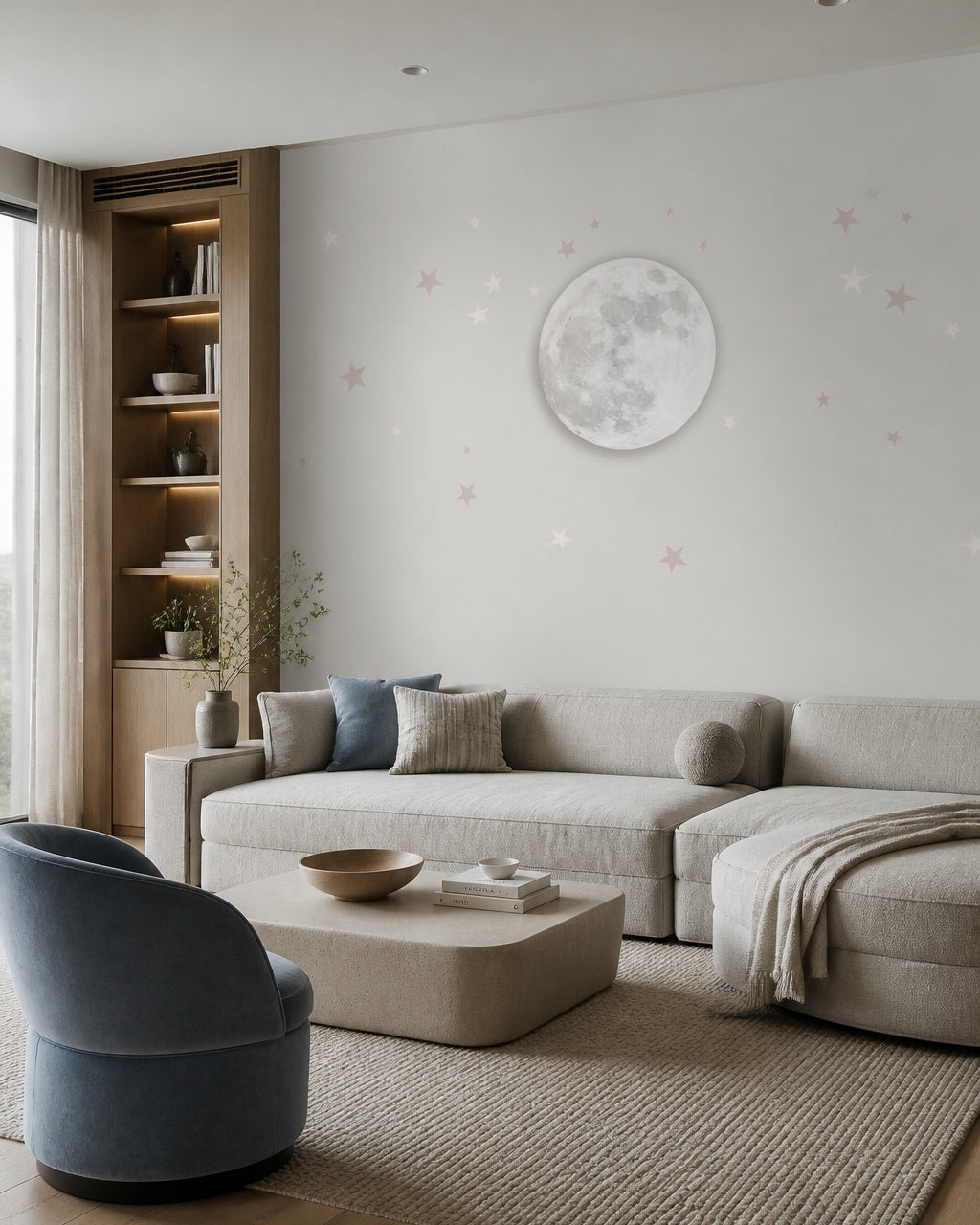 Soft moon and stars wallpaper in a designer living room.