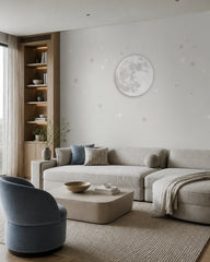 Soft moon and stars wallpaper in a designer living room.