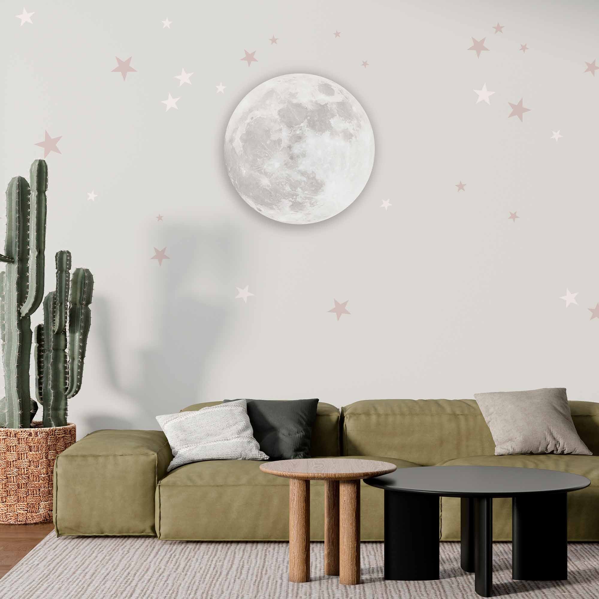 Soft Moon and Stars Wall Mural Wallpaper - Minimalist Design with Light Grey Background