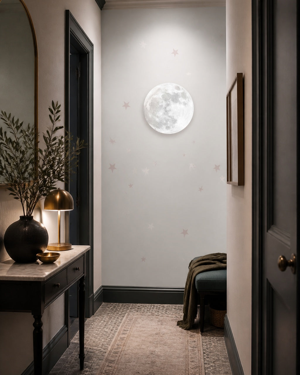 Soft moon and stars wallpaper in an architectural hallway.