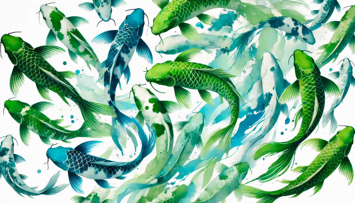 Koi verde – papel de parede com carpas verdes e folhas em aquarela