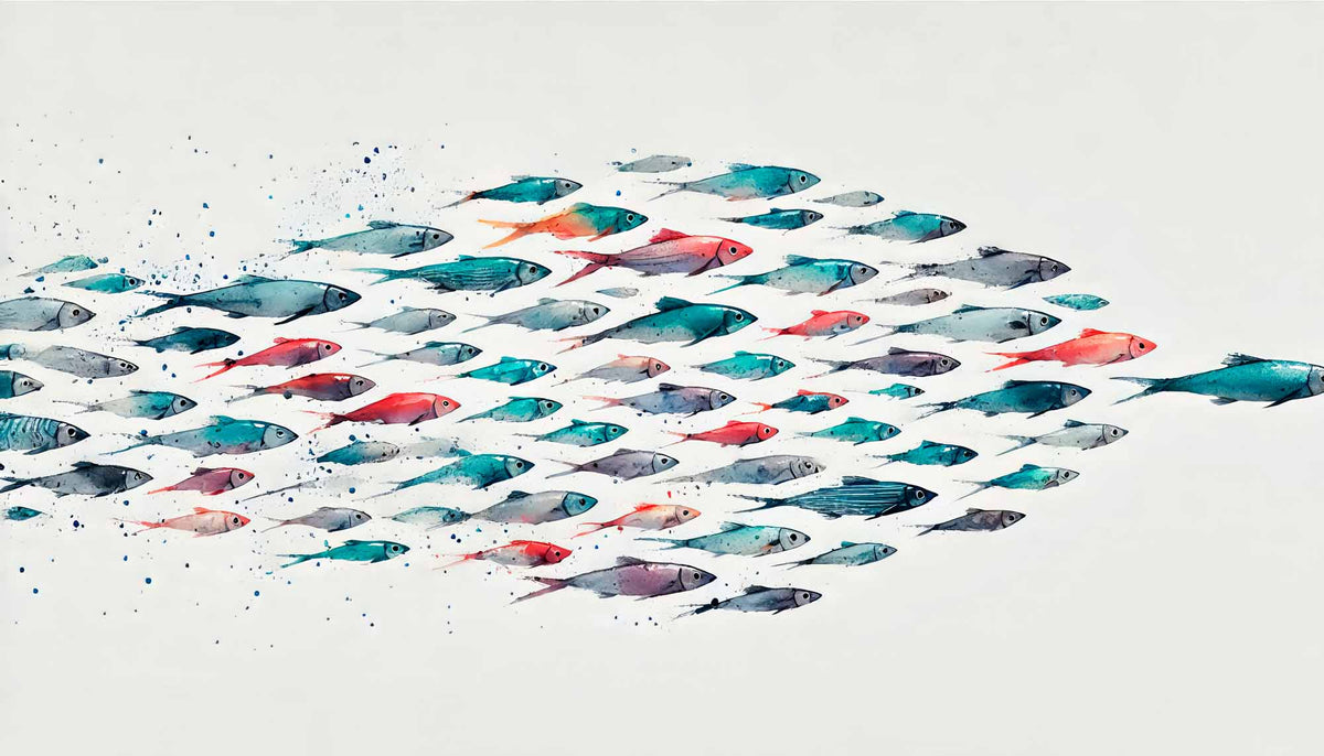 Papier peint banc de poissons colorés – Papier peint panoramique migration de poissons à l’aquarelle