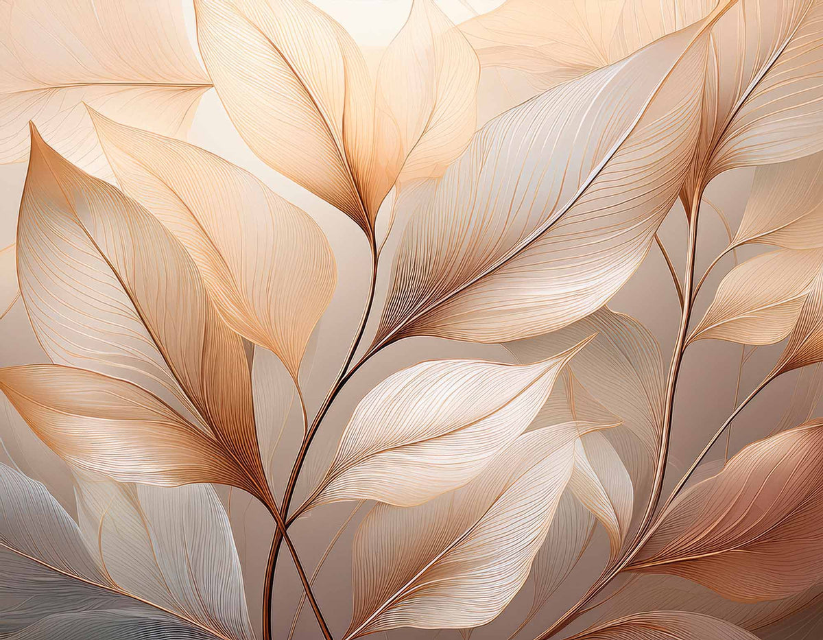 Papier peint feuilles pêche 3D – Papier peint panoramique relief botanique beige et pêche