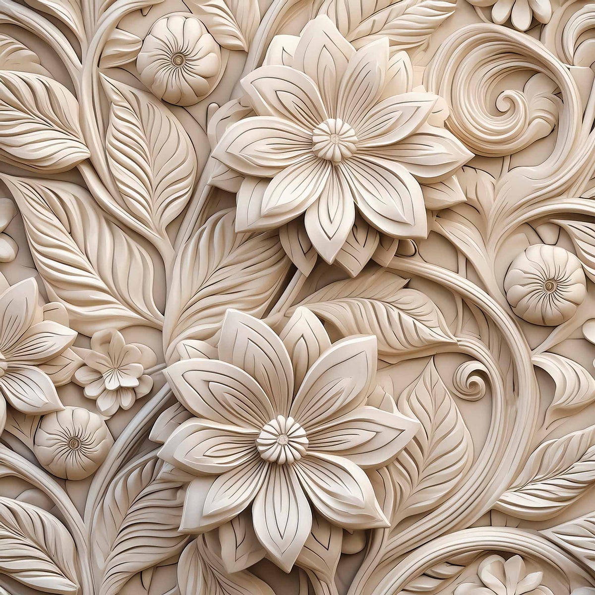 Fototapete Elegante Blumenskulptur – Cremefarbene 3D-geschnitzte Blumen
