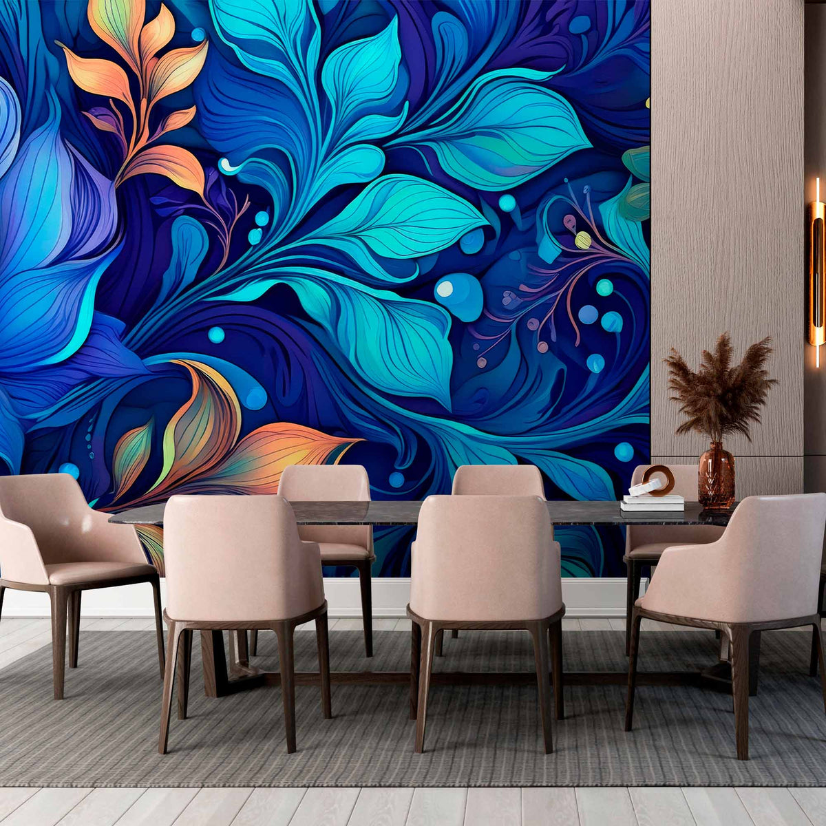 Bright Blue Floral Wall mural 3D Feathers Wallpaper