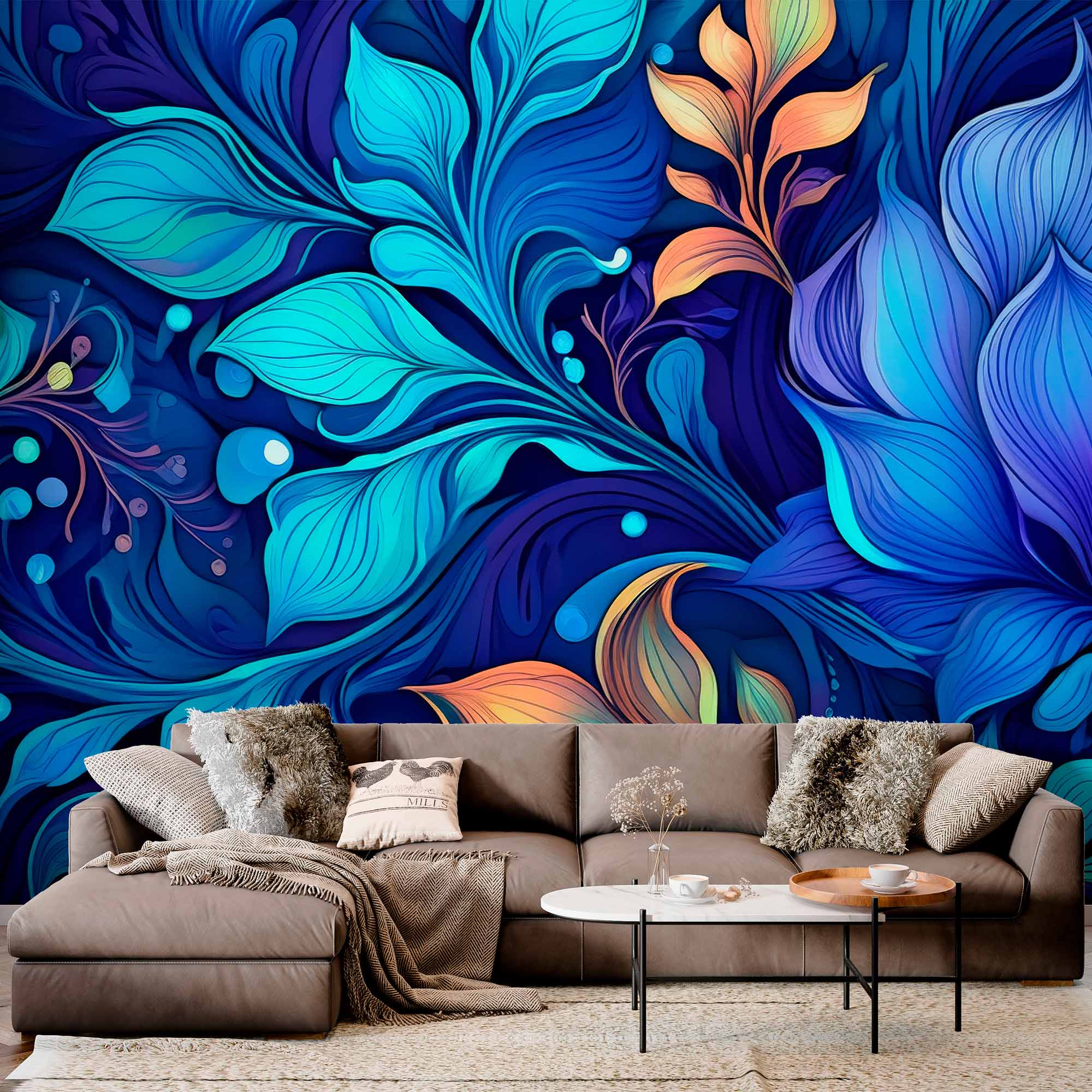 Bright Blue Floral Wall mural 3D Feathers Wallpaper