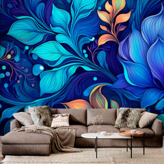 Custom Bright Blue Floral Wall mural 3D Feathers Wallpaper