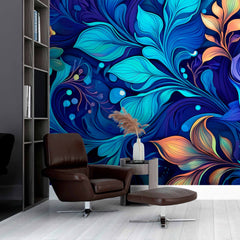 Custom Bright Blue Floral Wall mural 3D Feathers Wallpaper