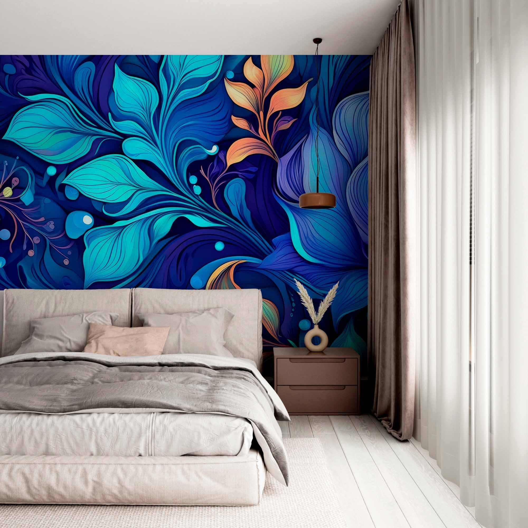 Bright Blue Floral Wall mural 3D Feathers Wallpaper