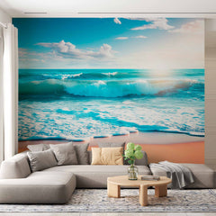 Custom Sunlit Ocean Shore Wallpaper