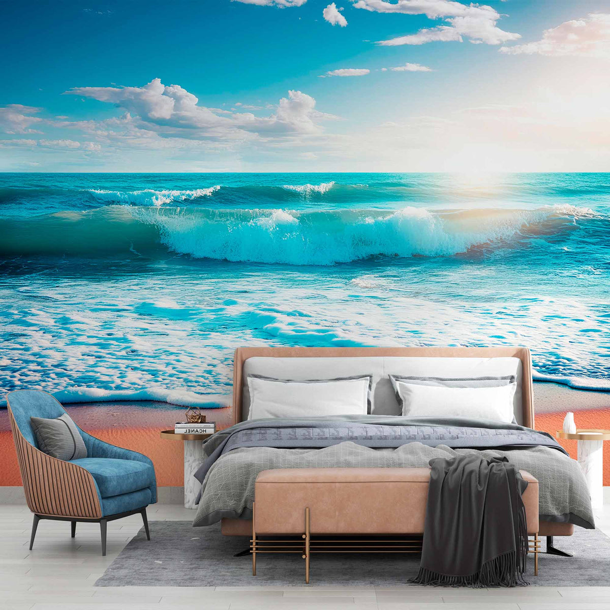 Custom Sunlit Ocean Shore Wallpaper