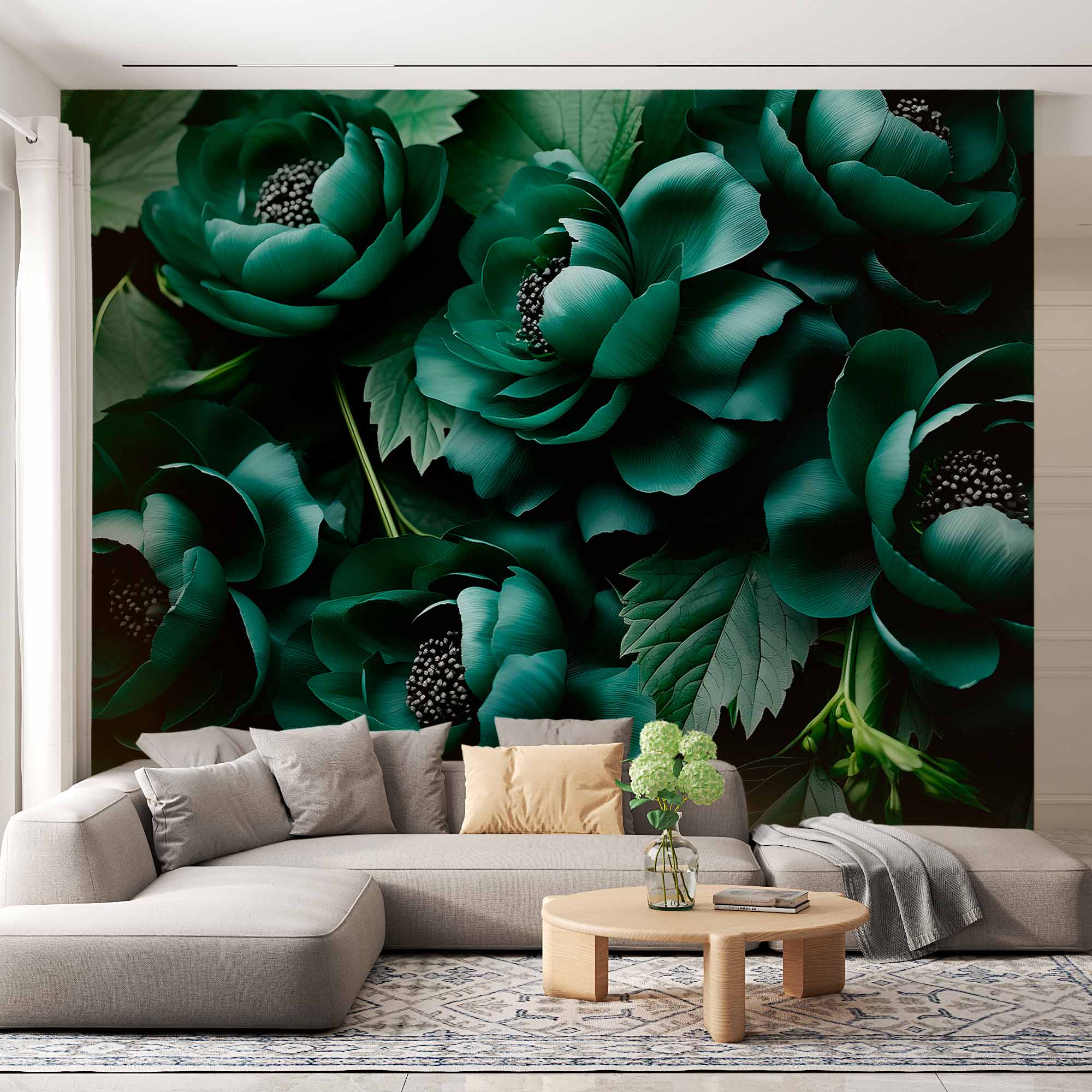 Large 3D Flowers Dark Green Wall Mural Floral Wallpaper