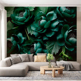 Large 3D Flowers Dark Green Wall Mural Floral Wallpaper