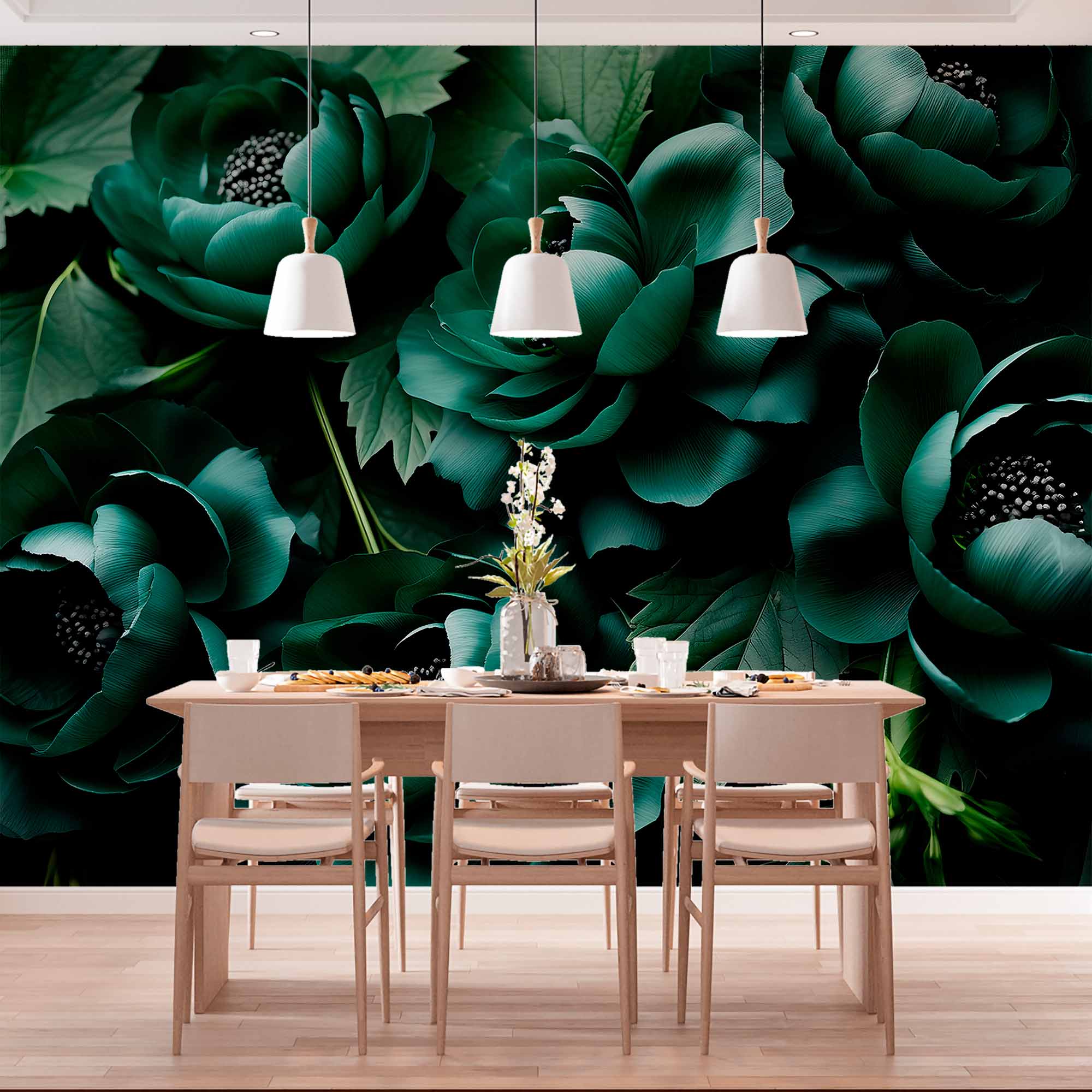 Large 3D Flowers Dark Green Wall Mural Floral Wallpaper