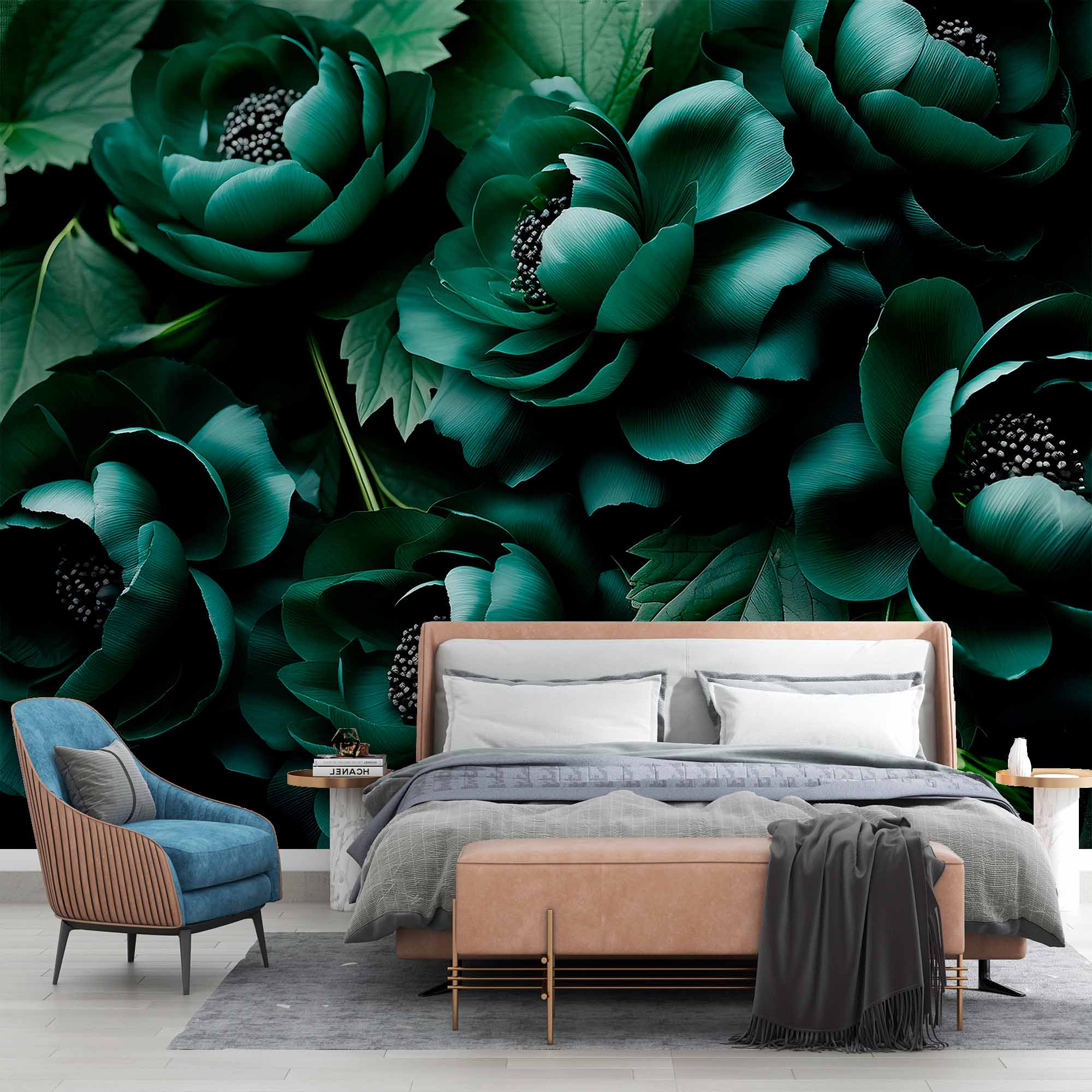 Large 3D Flowers Dark Green Wall Mural Floral Wallpaper