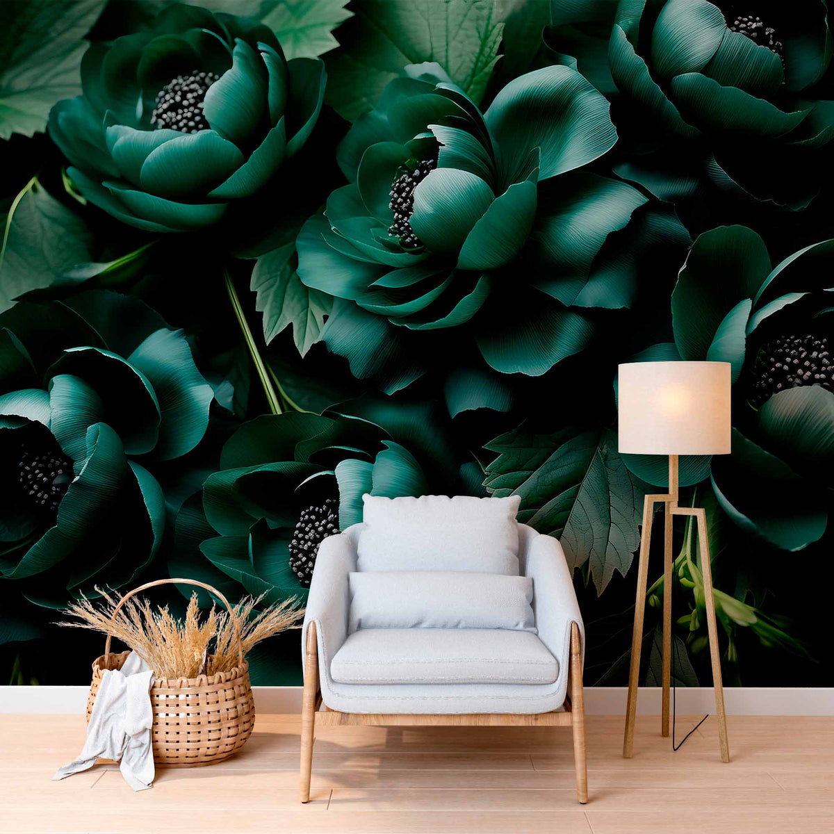 Large 3D Flowers Dark Green Wall Mural Floral Wallpaper