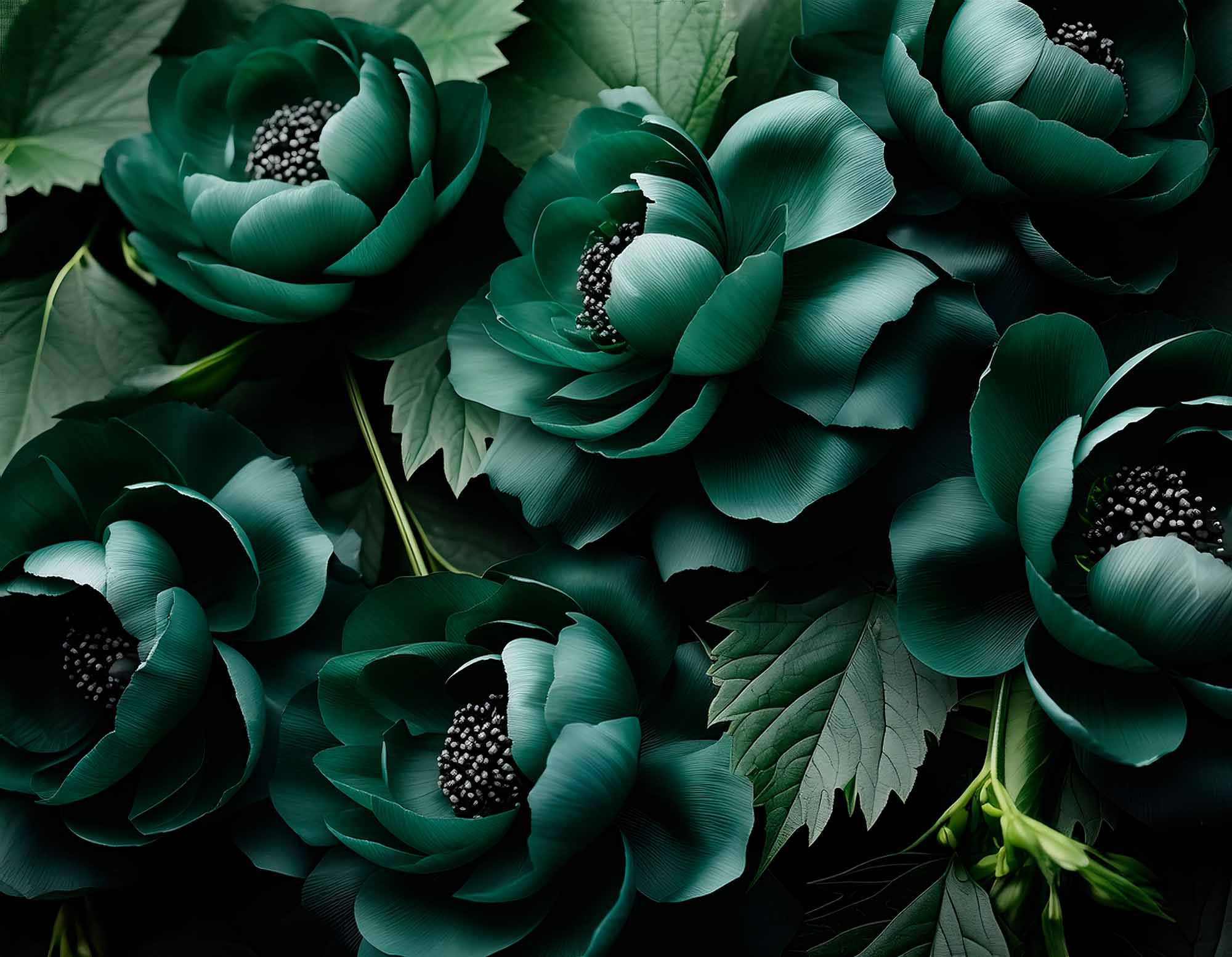 Large 3D Flowers Dark Green Wall Mural Floral Wallpaper