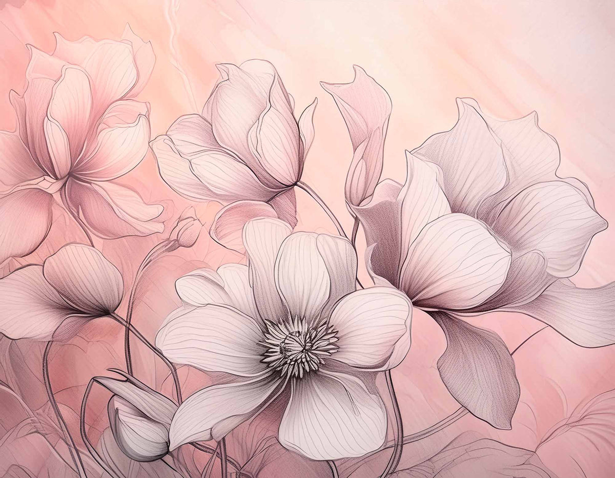 Blush lijntekening bloemen behang – roze bloemblaadjes fotobehang
