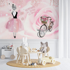 Custom Kids Wall Mural Happiness is being at Home Pink Rose Wallpaper for Girl