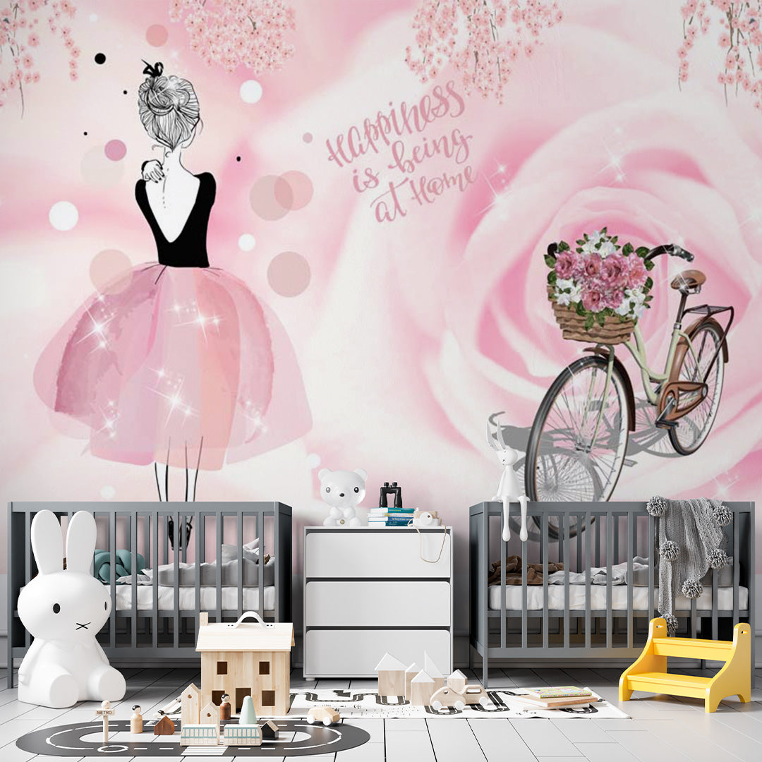 Kids Wall Mural Happiness is being at Home Pink Rose Wallpaper for Girl