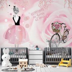 Custom Kids Wall Mural Happiness is being at Home Pink Rose Wallpaper for Girl