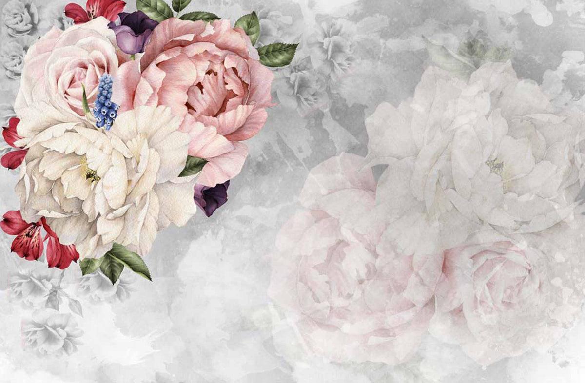 Pioenrozenboeketbehang – roze en crèmekleurige bloemen op grijs