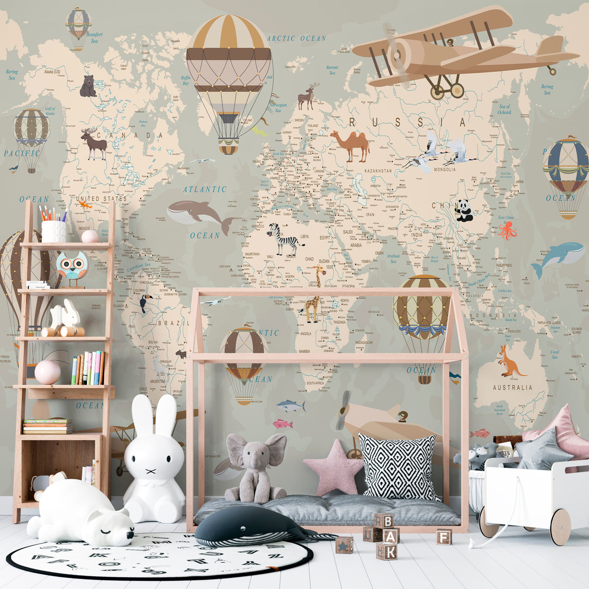 Vintage World Map Wallpaper – Animals Kids Room Wall Mural