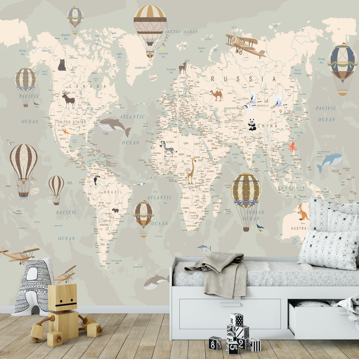 Custom World Map Wallpaper with Animals Kids Room Wall Mural