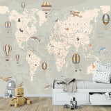 World Map Wallpaper with Animals Kids Room Wall Mural