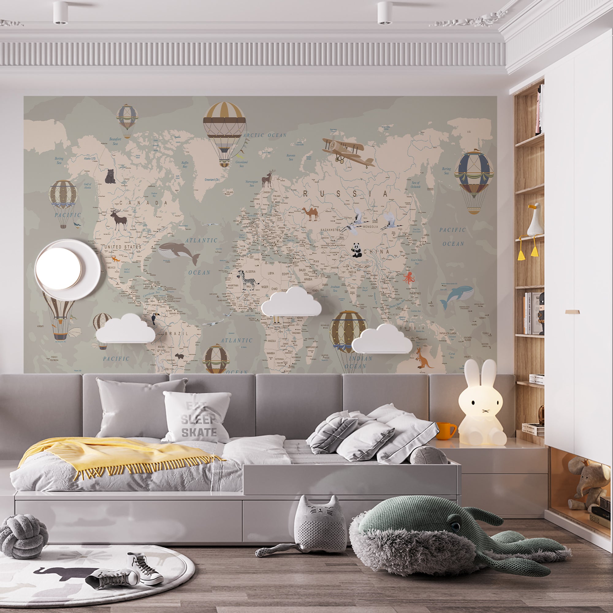 World Map Wallpaper with Animals Kids Room Wall Mural