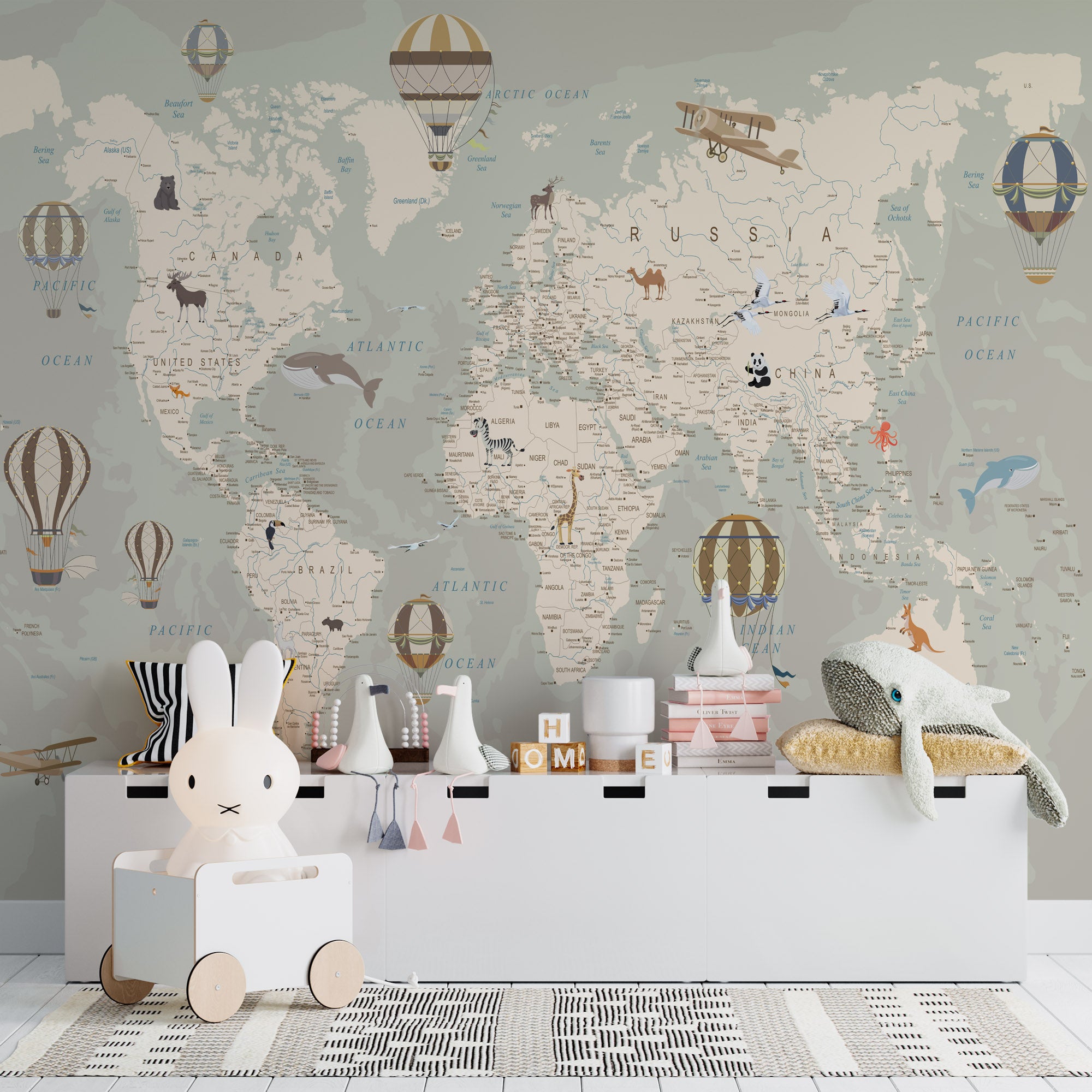 World Map Wallpaper with Animals Kids Room Wall Mural