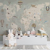 World Map Wallpaper with Animals Kids Room Wall Mural